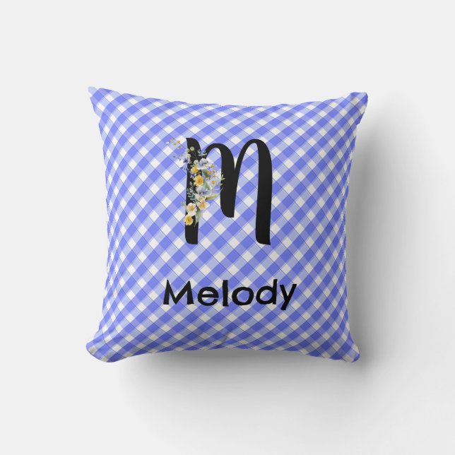 Monogramm-Wasserfarben-Blumen-Gingham-Blau-Muster Kissen (Vorderseite)