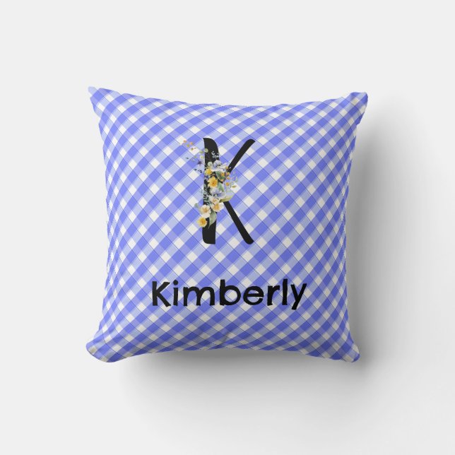 Monogramm-Wasserfarben-Blumen-Gingham-Blau-Muster Kissen (Vorderseite)