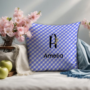 Monogramm-Wasserfarben-Blumen-Gingham-Blau-Muster Kissen