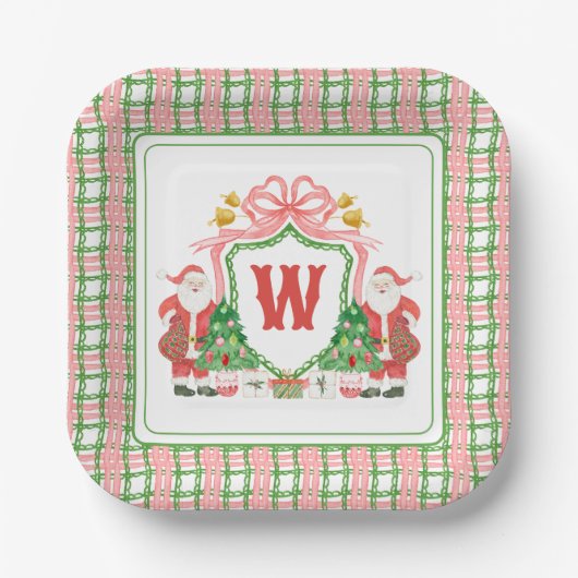 Monogramm Wasserfarben Erstmaliges Kariertes Santa Pappteller (Vorderseite)