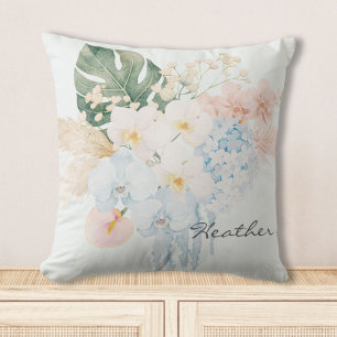 Monogramm-Wasserfarben-Tropenblumenstrauß Floral Kissen