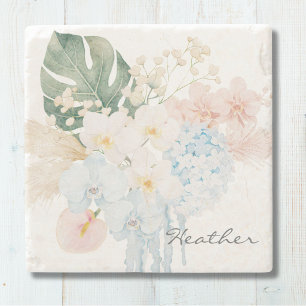Monogramm-Wasserfarben-Tropenblumenstrauß Floral Steinuntersetzer