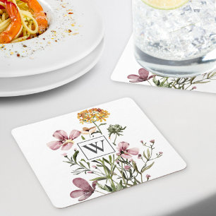 Monogramm-Wasserfarben-Wildblumenstrauß #1 Rechteckiger Pappuntersetzer