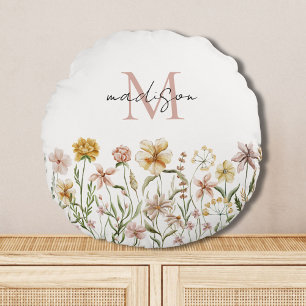 Monogramm-Wasserfarben-Wildblumenwiese-Blumenmuste Rundes Kissen