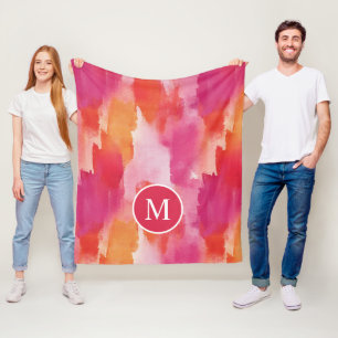 Monogramm Watercolor Pink Orange Abstrakt Fleecedecke
