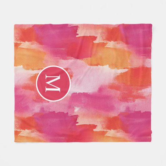Monogramm Watercolor Pink Orange Abstrakt Fleecedecke (Vorderseite (Horizontal))