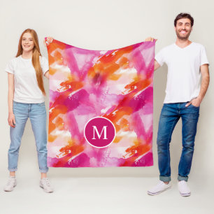 Monogramm Watercolor Pink Orange Abstrakt Fleecedecke