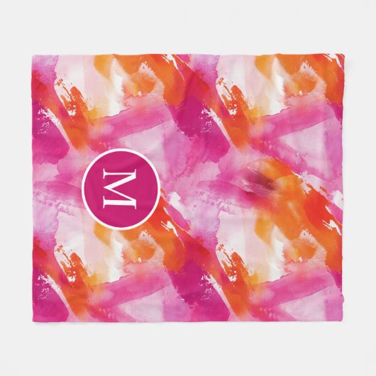 Monogramm Watercolor Pink Orange Abstrakt Fleecedecke (Vorderseite (Horizontal))