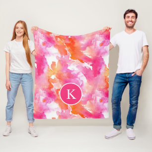 Monogramm Watercolor Pink Orange Abstrakt Fleecedecke