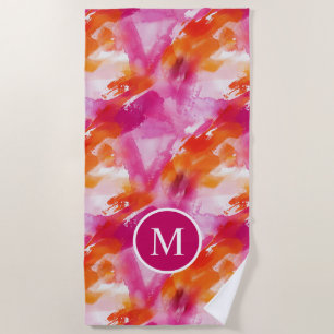 Monogramm Watercolor Pink Orange Abstrakt Strandtuch