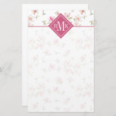Monogramm| weiche rosa Watercolor-Blume Briefpapier (Vorne/Hinten)