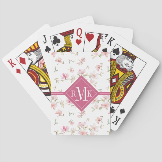 Monogramm| weiche rosa Watercolor-Blume Spielkarten (Rückseite)