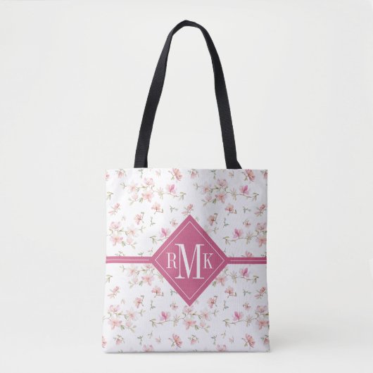 Monogramm| weiche rosa Watercolor-Blume Tasche (Vorderseite)