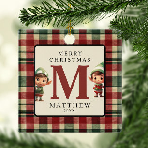Monogramm-Weihnachtselfen-Foto-Baum Keramikornament