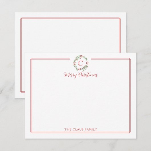 Monogramm-Weihnachtskranz mit rotem Rand Briefpapi Mitteilungskarte (Vorne/Hinten)