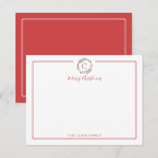 Monogramm-Weihnachtskranz Rot & Weiß Schreibwaren Mitteilungskarte (Vorne/Hinten)