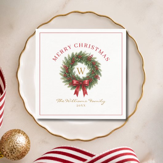 Monogramm-Weihnachtskranz rote Schleife Serviette