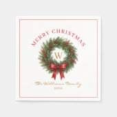 Monogramm-Weihnachtskranz rote Schleife Serviette (Vorderseite)