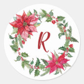 Monogramm-Weihnachtskranz Runder Aufkleber (Vorderseite)