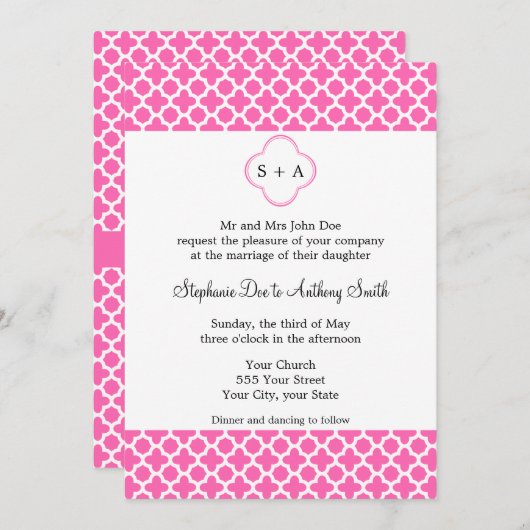 Monogramm Weiß auf Hot Pink Quatrefolienmuster Einladung (Vorne/Hinten)