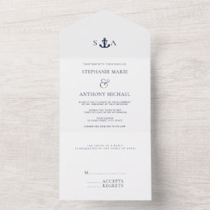 Monogramm Weiß, Marineblau Nautischer Anker Hochze All In One Einladung