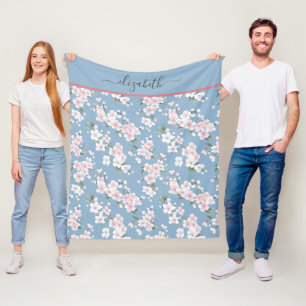 Monogramm Weiß Pink Blau Floral Blumen Shabby Chic Fleecedecke