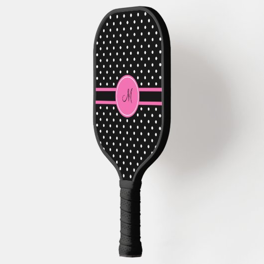 Monogramm, Weiß und Schwarz-Polka-Punktmuster Pickleball Schläger (Links)