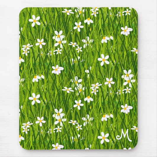 Monogramm, weiße Blumen und grüne Blätter Mousepad (Vorne)