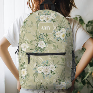 Monogramm Weiße Blumen und wellige Punkte Bedruckter Rucksack