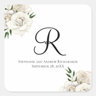 Monogramm weiße Rosen Florale elegante Hochzeit Quadratischer Aufkleber