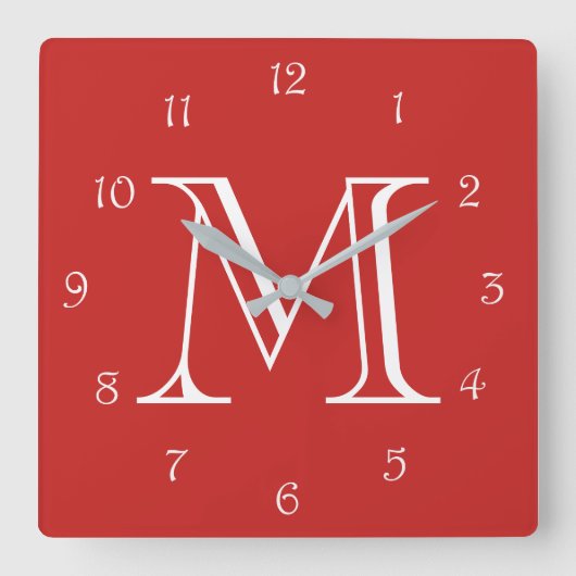 Monogramm weiße Skriptnummern auf der roten Wall-U Quadratische Wanduhr (Vorderseite)