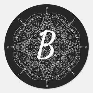 Monogramm weiße Spitze auf schwarz Runder Aufkleber