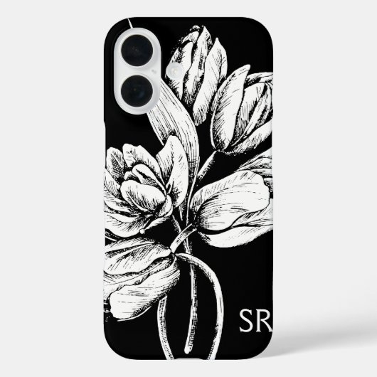 Monogramm Weiße Tulpen auf Schwarz Case-Mate iPhone Hülle (Rückseite)
