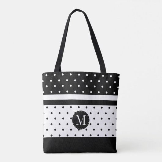 Monogramm-weiße und schwarze Tupfen Tasche (Rückseite)