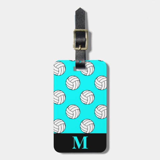 Monogramm weiße Volleyballbälle, Aqua Blue Gepäckanhänger (Vorderseite vertikal)