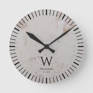 Monogramm weißer Marmor schwarze Initiale & benutz Runde Wanduhr