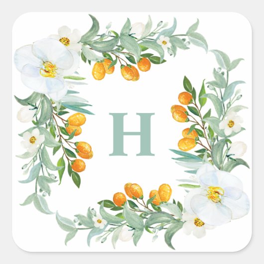 Monogramm weißer Orchideen und Kumquats Quadratischer Aufkleber (Vorderseite)