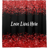 Monogramm - Weißer Text auf schwarz mit rotem Glit Duschvorhang (Vorderseite)