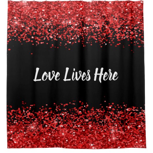 Monogramm - Weißer Text auf schwarz mit rotem Glit Duschvorhang (Vorderseite)