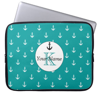 Monogramm-weißes Anker-Monogramm-Muster-Meergrün Laptopschutzhülle