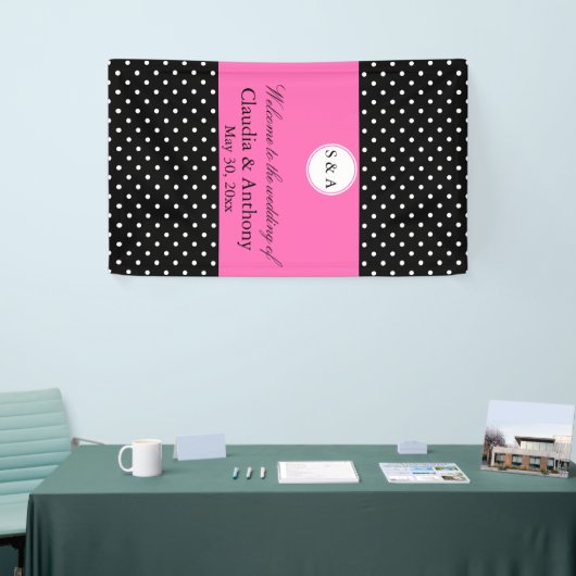 Monogramm weißes Schwarz, Hot Pink Polka Dot Hochz Banner (Messeveranstaltung)