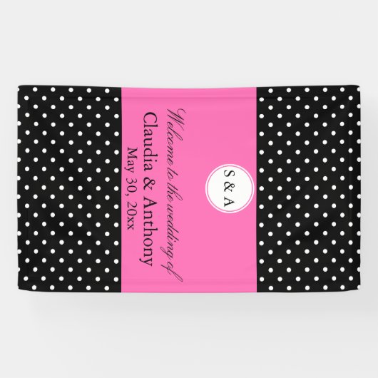 Monogramm weißes Schwarz, Hot Pink Polka Dot Hochz Banner (Horizontal)