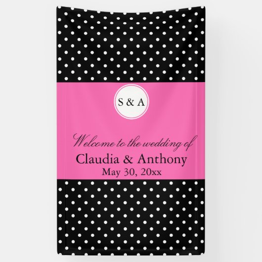 Monogramm weißes Schwarz, Hot Pink Polka Dot Hochz Banner (Vertikal)