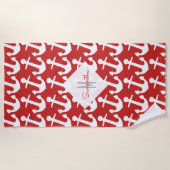 Monogramm, weißes Seeanker-Muster auf Rot Strandtuch (Vorderseite)