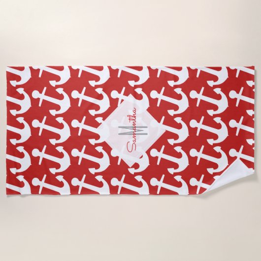 Monogramm, weißes Seeanker-Muster auf Rot Strandtuch (Vorderseite)