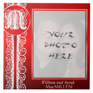Monogramm "Weißes Spitzen auf Rot" mit Foto - Tile Fliese