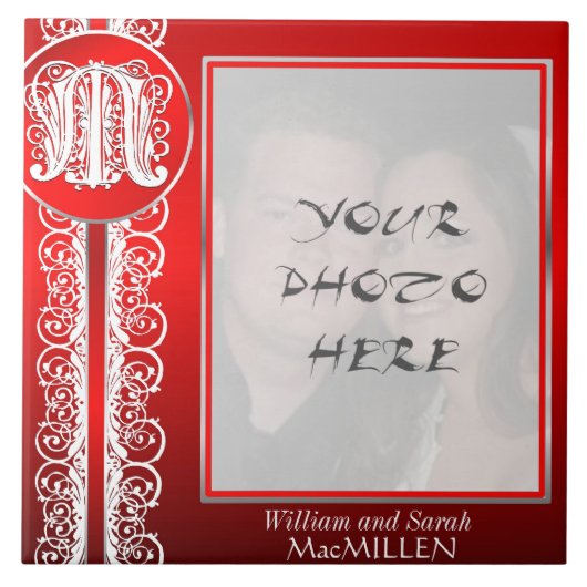 Monogramm "Weißes Spitzen auf Rot" mit Foto - Tile Fliese (Vorderseite)