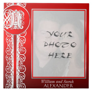 Monogramm "Weißes Spitzen auf Rot" mit Foto - Tile Fliese