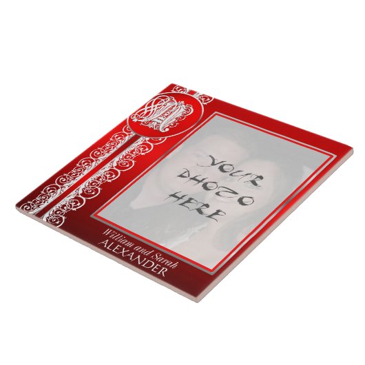 Monogramm "Weißes Spitzen auf Rot" mit Foto - Tile Fliese (Seite)