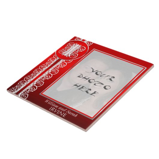 Monogramm "Weißes Spitzen auf Rot" mit Foto - Tile Fliese (Seite)